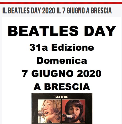 La 31esima edizione del Beatles Day confermato a Brescia per Domenica 7 Giugno tramite Facebook ed Instagram